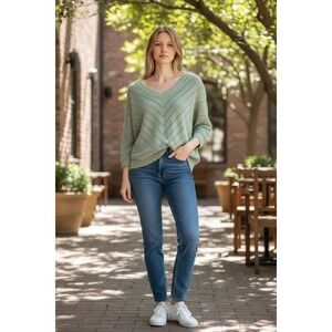 Marled V Neck‎ Chevron Open Knit Dolman Sleeve Sweater Top Womens L Sage Green